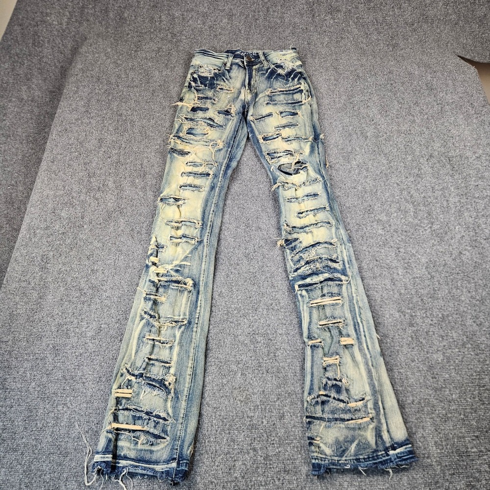 Taker Mens Distressed Flare Jeans Light Wash Shredded Denim Stretch